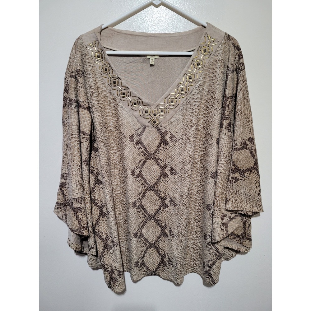 Reba Snakeskin Blouse Women‎ XL Tan Brown V-Neck Embellished Kimono Sleeve